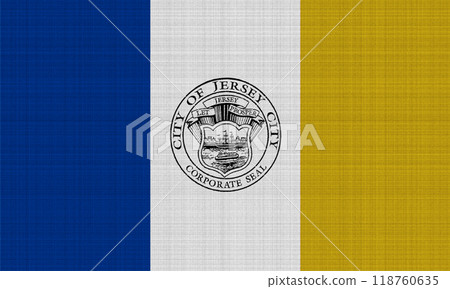 Flag of the city of Jersey City, New Jersey, USA, on a background of fabric texture. Conceptual collage Flag of the city of Jersey City, New Jersey, USA, on a background of fabric texture. Conceptual collage 118760635