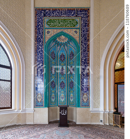 Intricate mihrab of Imamzadeh Mosque showcasing beautiful tile work in Ganja, Azerbaijan 118760689