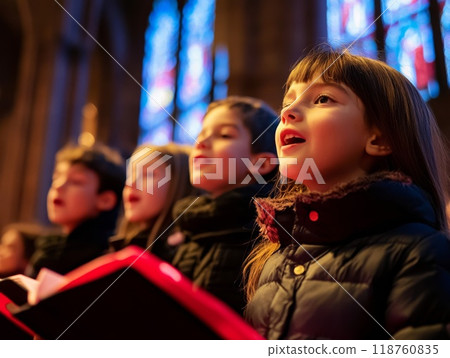 Young girl singing in a choir with other children 118760835