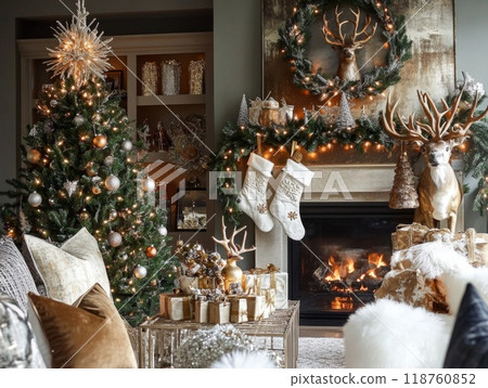 Christmas Decor with a Gold and White Color Scheme, Featuring a Fireplace and Two Deer Antlers Christmas Decor with a Gold and White Color Scheme, Featuring a Fireplace and Two Deer Antlers 118760852
