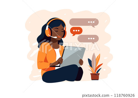 Black skinned woman sitting with laptop. Concept remote working, studying, education, work from home. Flat. Vector illustration 118760926
