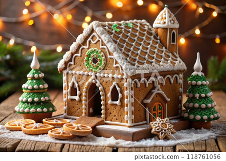 Gingerbread house decorated with colorful candies Gingerbread house decorated with colorful candies 118761056