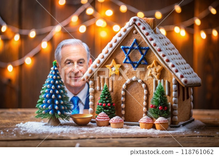 gingerbread house next to man in suit and tie gingerbread house next to man in suit and tie 118761062