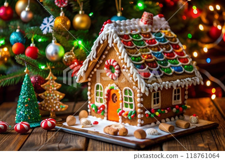 Gingerbread house decorated with colorful candies Gingerbread house decorated with colorful candies 118761064