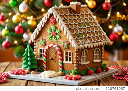Gingerbread house decorated with colorful candies 118761067