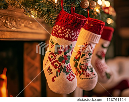 Christmas stockings hanging on a fireplace mantle Christmas stockings hanging on a fireplace mantle 118761114