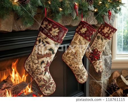 Three Ornate Christmas Stockings Hanging By Fireplace 118761115