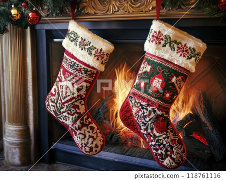 Two Ornate Christmas Stockings Hanging by a Fireplace Two Ornate Christmas Stockings Hanging by a Fireplace 118761116