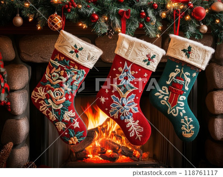 Christmas Stockings Hanging Over a Fireplace 118761117