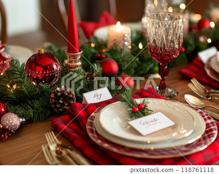 Festive Christmas Table Setting with Red and Gold Accents Festive Christmas Table Setting with Red and Gold Accents 118761118