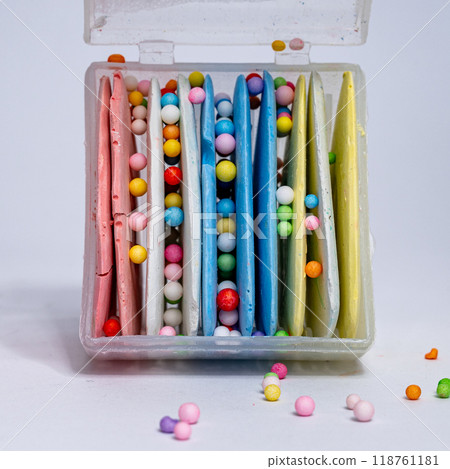 Set of chalk of different colors for seamstresses isolated on white background 118761181