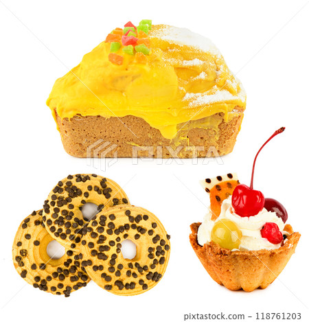Lemon cake, honey cookies, fruit pie isolated on white. Collage. 118761203