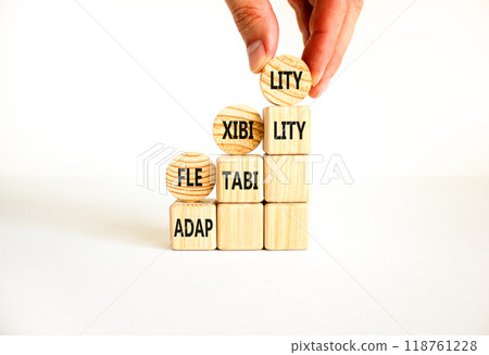 Flexibility or adaptability symbol. Concept word Flexibility Adaptability on beautiful wooden circles. Beautiful white background. Business flexibility or adaptability concept. Copy space. Flexibility or adaptability symbol. Concept word Flexibility Adaptability on beautiful wooden circles. Beautiful white background. Business flexibility or adaptability concept. Copy space. 118761228