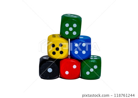 Different colored dice isolated on white background. Five bright colors. 118761244