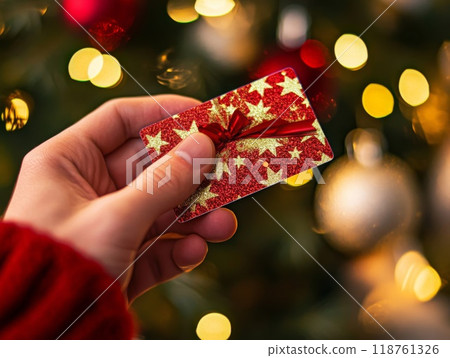Hand Holding a Red and Gold Gift Card with a Bow in Front of a Christmas Tree Hand Holding a Red and Gold Gift Card with a Bow in Front of a Christmas Tree 118761326