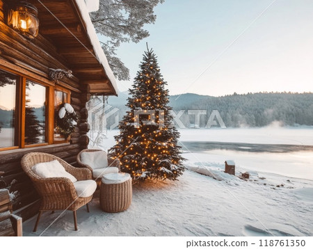 Christmas Tree, Cabin, and Snow-Covered Lake at Sunset 118761350