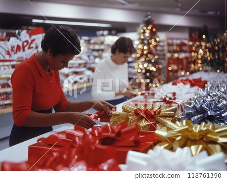 Woman tying a bow on a Christmas gift in a store Woman tying a bow on a Christmas gift in a store 118761390