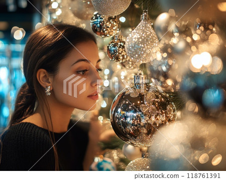 Woman Gazing at Christmas Ornament Reflecting Festive Lights Woman Gazing at Christmas Ornament Reflecting Festive Lights 118761391