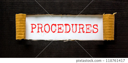 Procedures symbol. Concept word Procedures on beautiful white paper. Beautiful black paper background. Business procedures concept. Copy space. 118761417