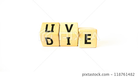 Live or die symbol. Concept word Live or Die on wooden cubes. Beautiful white table white background. Business lifestyle and live or die concept. Copy space. 118761482