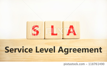SLA service level agreement symbol. Concept words SLA service level agreement on beautiful wooden blocks. Beautiful white background. Business SLA service level agreement concept. Copy space. 118761490