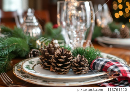 Pine Cones on a Festive Table Setting Pine Cones on a Festive Table Setting 118761520