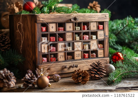 Wooden Advent Calendar with Christmas Decorations 118761522