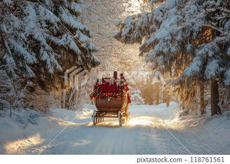 A couple riding in a horse-drawn sleigh through a snowy forest at sunset 118761561