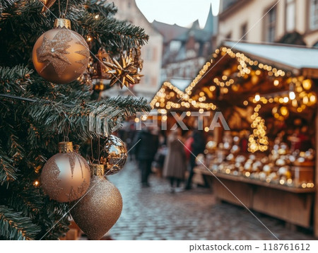 Christmas Tree Ornaments in Front of a Blurred European Market 118761612