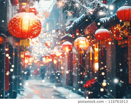Snowy Street with Red Lanterns and Festive Lights 118761613