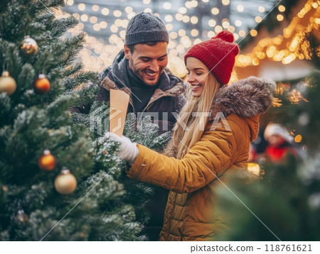Couple Smiling In Front of Christmas Tree with Lights 118761621