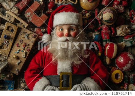 Santa Claus Figurine Surrounded by Vintage Toys and Dust Santa Claus Figurine Surrounded by Vintage Toys and Dust 118761714