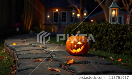 Halloween background with jack-o'-lantern on a rocky path 118761917