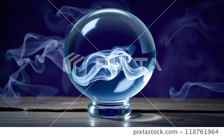 Halloween crystal ball with swirling smoke inside on a wooden table 118761964