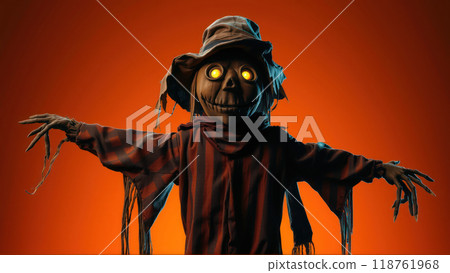 Halloween scarecrow with glowing eyes in orange spooky background Halloween scarecrow with glowing eyes in orange spooky background 118761968