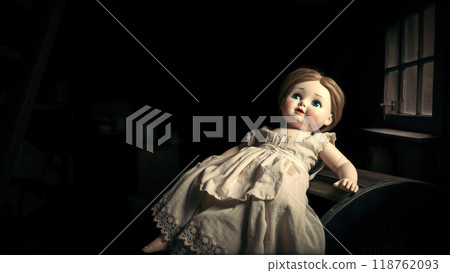 Halloween doll in eerie room with a single window light Halloween doll in eerie room with a single window light 118762093