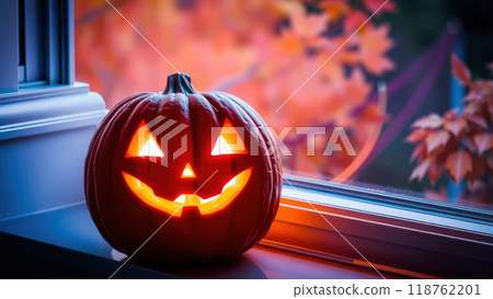 Halloween background with glowing jack-o-lantern on window 118762201