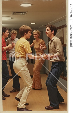 People enjoying a lively dance party in a retro-style venue during the evening hours with warm lighting 118762283