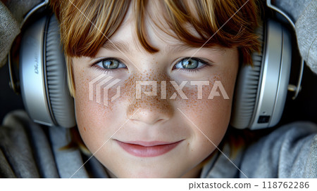A young child enjoying music with headphones on, sitting indoors at home in natural light 118762286