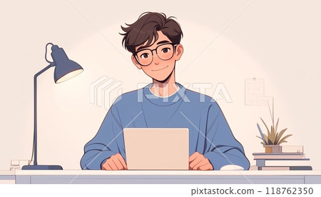 Man operating a computer, working from home, side job, investment 118762350