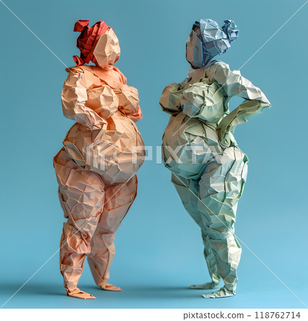 Charming figurines of two plus-size women holding hands made from crumpled paper against a serene turquoise backdrop 118762714