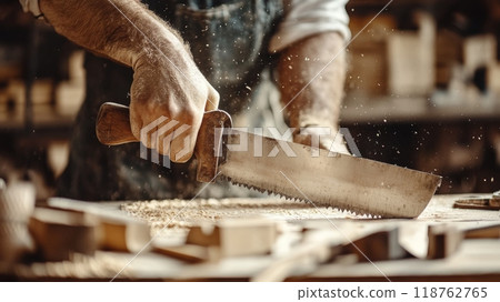 Close up of a carpenter's hands using a hand saw to cut wood, with sawdust flying in a workshop environment 118762765