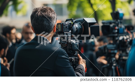 A professional cameraman captures a public relations event, focusing on key speakers during a press conference 118762806