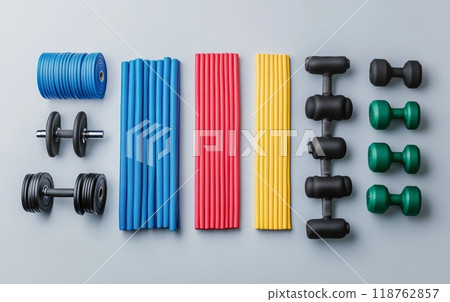 Variety of colorful home fitness equipment on light background. Dumbbells, resistance bands, and yoga mats showcase a complete at home workout setup 118762857