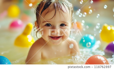 Smiling baby with wet hair in bathtub surrounded by vibrant rubber ducks and soap bubbles, capturing the essence of fun and playful bath time 118762897