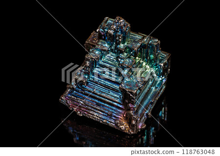 Macro of the stone bismuth mineral on a black background Macro of the stone bismuth mineral on a black background 118763048