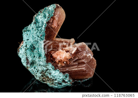 Macro of a stone Albite mineral on a black background Macro of a stone Albite mineral on a black background 118763065