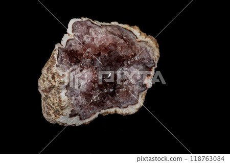 Macro mineral stone Pink Amethyst on a black background Macro mineral stone Pink Amethyst on a black background 118763084