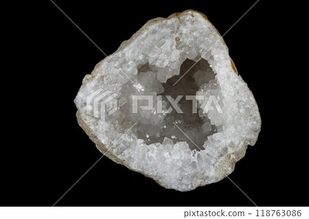 Macro mineral stone Quartz geode black background 118763086