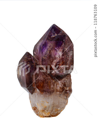 macro mineral stone Amethyst on smoky quartz on a white background macro mineral stone Amethyst on smoky quartz on a white background 118763109